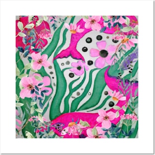 Wonderful Pink Whales Swimming in Botanical Bliss Posters and Art